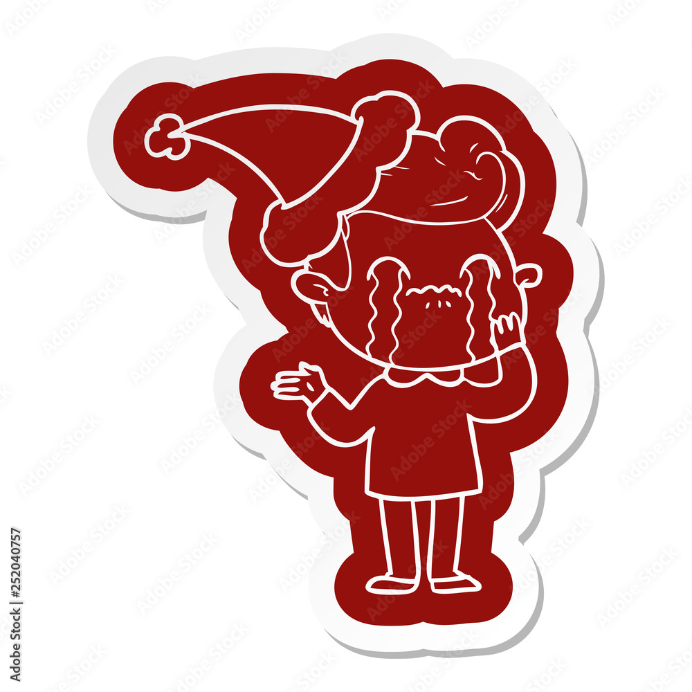 Fototapeta premium cartoon sticker of a man crying wearing santa hat