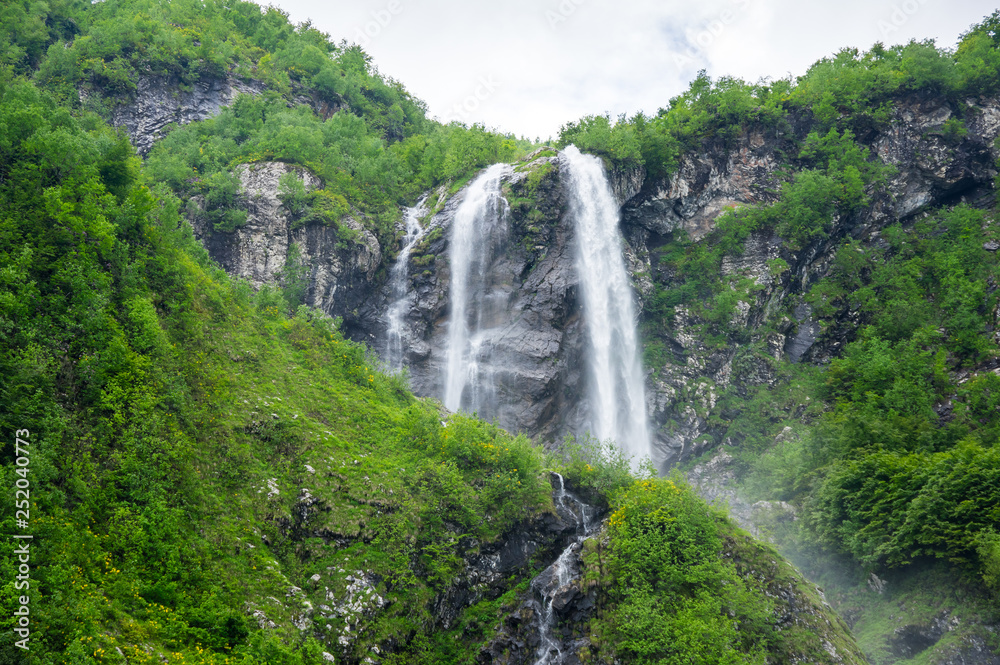 View of the waterfall in Caucasian mountains