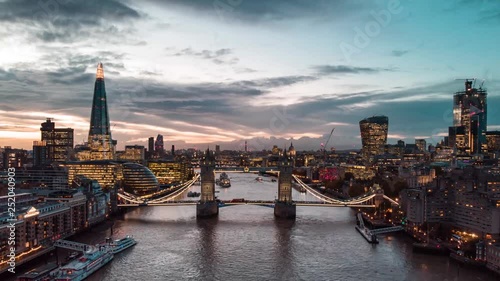 Aerial Drone Helicopter Tower Bridge London City The Shard Skyline Thames River Hyperlapse Time Lapse  photo
