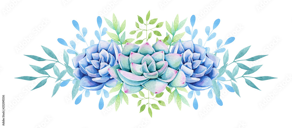 Watercolor painting wreath with leaves and succulents . Spring or summer flowers. Perfect for wedding, frame, quotes, pattern, greeting card, invitations. Watercolor painting wreath with leaves and succulents . Spring or summer flowers. Perfect for wedding, frame, quotes, pattern, greeting card, invitations.