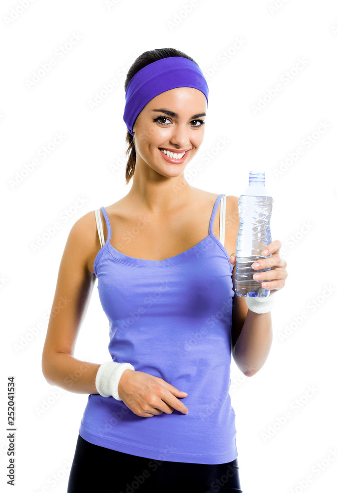 young woman in violet sportswear drinking water, isolated young woman in violet sportswear drinking water, isolated