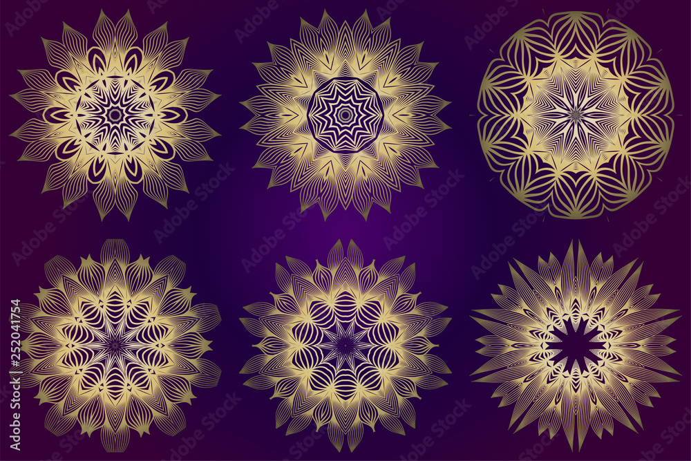 Set of Ethnic Ornamental Mandala. Decorative Design Element. Vector Illustration. Purple gold color