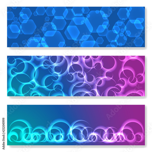 Horizontal Abstract Banners Set with Abstract with hexagonal and round shapes