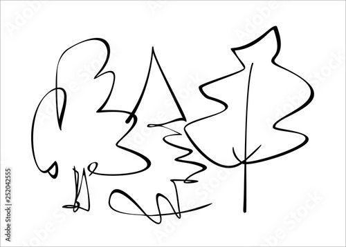 Deciduous and coniferous trees drawn with lines. Vector, isolated.