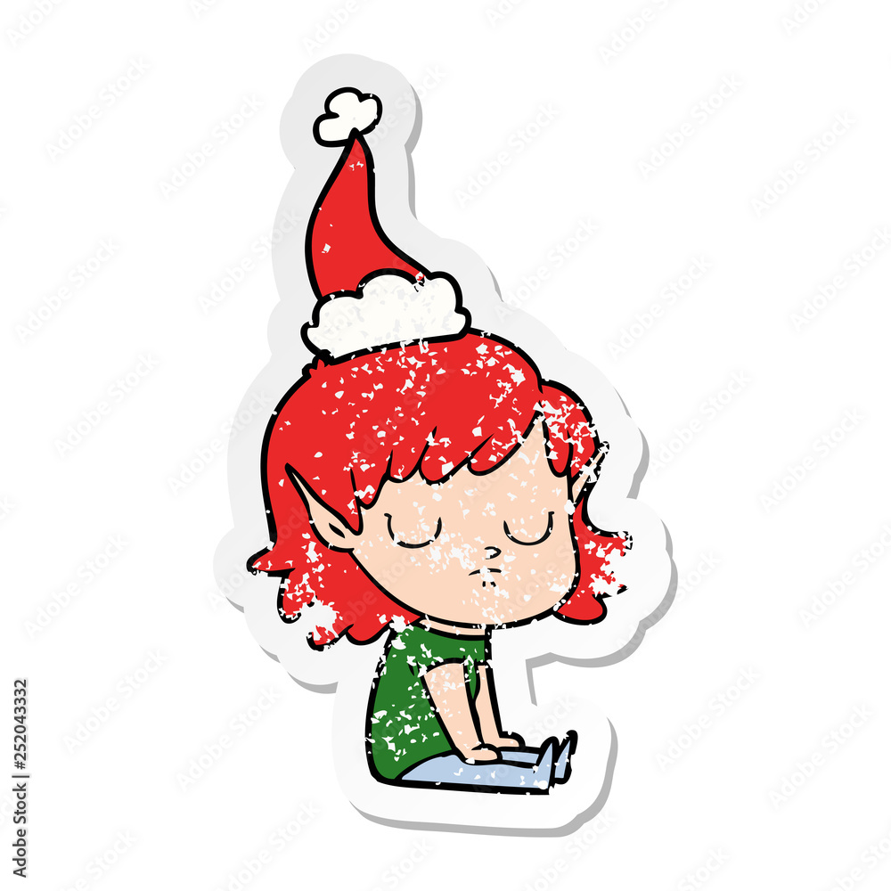 distressed sticker cartoon of a elf girl wearing santa hat distressed sticker cartoon of a elf girl wearing santa hat