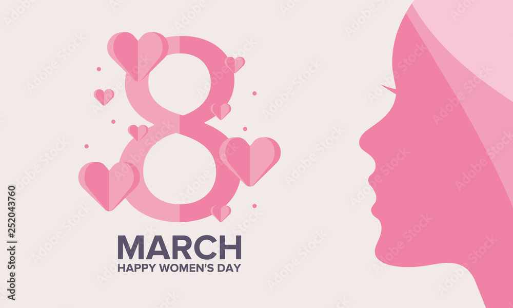 Happy Women’s Day. International holiday of female solidarity, which is celebrated on March 8. Silhouette of a girl adorned with hearts in bright colors. Poster, banner and background Happy Women’s Day. International holiday of female solidarity, which is celebrated on March 8. Silhouette of a girl adorned with hearts in bright colors. Poster, banner and background