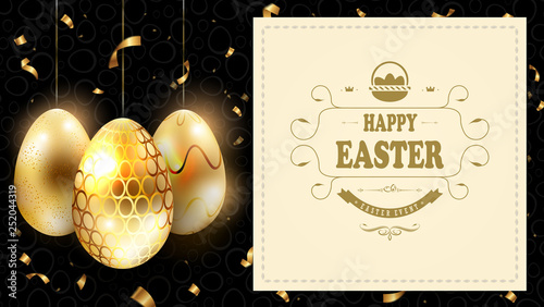 Easter black composition with a silhouette of eggs of gold color and a square light frame,