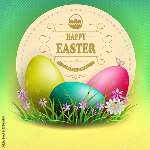 Composition of a light green color with a round frame and three Easter eggs,
