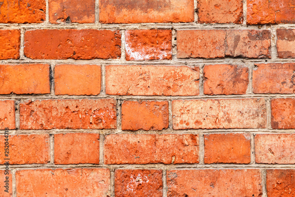 Old red brick uneven wall background. Close-Up of an Old Exterior Brick Wall, grunge background Old red brick uneven wall background. Close-Up of an Old Exterior Brick Wall, grunge background