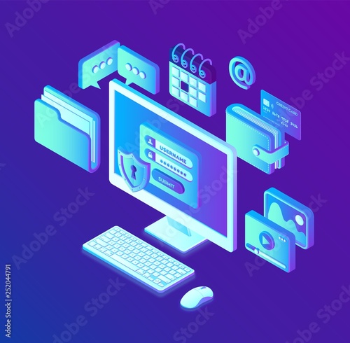 Data protection. Desktop pc with authorization form on screen, personal data protection. System of authentication, data access, login form on laptop screen. 3d isometric design. Vector illustration.