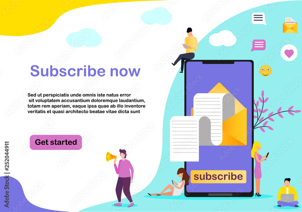 Colorful email subscribe vector concept, email marketing development system, people use smartphone, send and receive newsletter, it can be used for mobile app, landing page, templates, web,  banner.