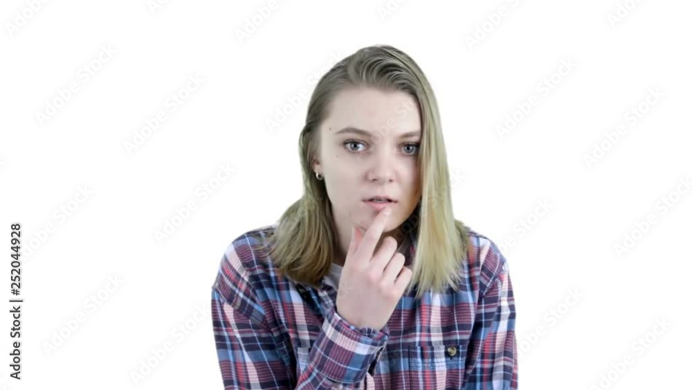 Shocked and surprised girl screaming and looking camera on white background. Expressive facial expressions Shocked and surprised girl screaming and looking camera on white background. Expressive facial expressions