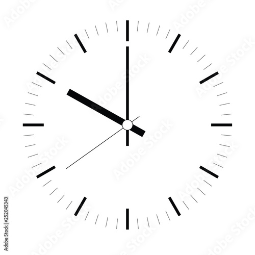 Clock face. Blank hour dial with hour, minute and second hand. Dashes mark minutes and hours. Simple flat vector illustration