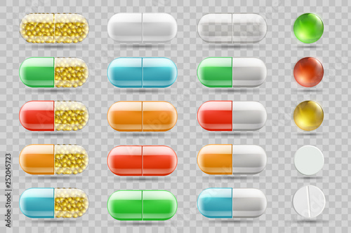 Set of colored medical pills and tablets.