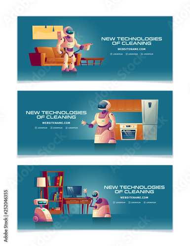 New technologies in home cleaning cartoon vector banner or landing page templates set with futuristic robotic servants vacuuming, cleaning apartment room illustration. Smart house future devices