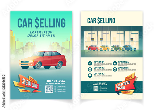 Car selling limited time special offer cartoon vector advertising flyer, promotional poster template with new sedans waiting owners in dealer salon illustration. Car sale with profitable discounts