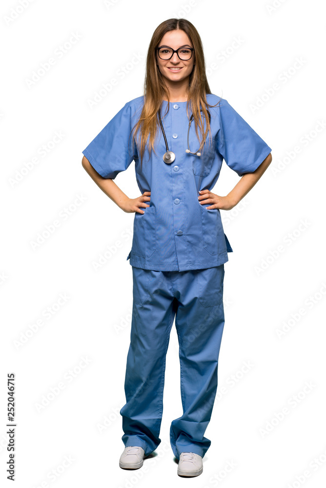 Full body Young nurse with glasses and happy on isolated background Full body Young nurse with glasses and happy on isolated background