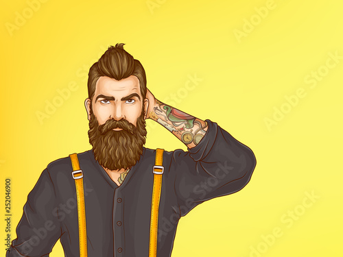 Doubtful and skeptical hipster portrait cartoon vector. Young bearded man with tattoo on forearm, wearing shirt and suspenders, looking with suspicion, scratching his head illustration. Copy space