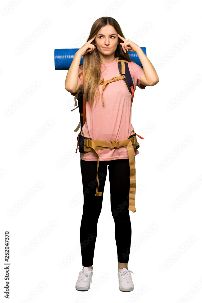 Full body Young backpacker woman having doubts and thinking on isolated background