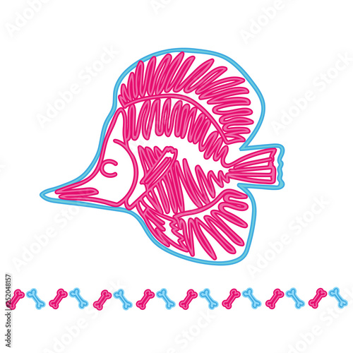 Fish light neon skeleton vector illustration. Cartoon motif set with border.