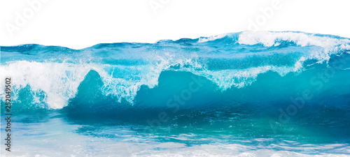 Blue sea wave with white foam isolated on white background.
