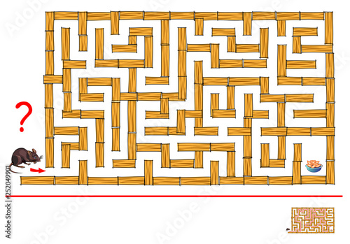 Logic puzzle game with labyrinth for children and adults. Help the rat find way till food. Scientific experiment, development of spatial thinking in mice. Printable worksheet for brainteaser book.