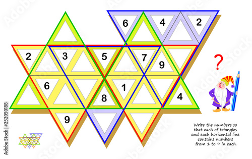 Logic Sudoku puzzle game for children and adults. Write the numbers so that each of triangles and each horizontal line contains from 1 to 9 in each. Printable page for brainteaser book. Vector image.