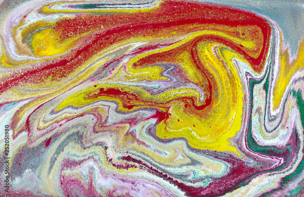 Multicolored gold marbling pattern. Golden marble liquid texture.