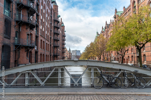 A canal view of a bridge in hamburg. photo