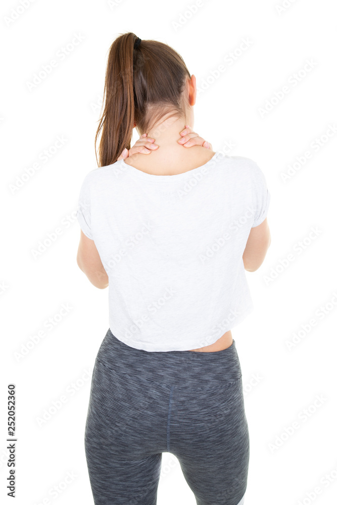 back view young woman self-acupressure for relaxing shoulder and backache back view young woman self-acupressure for relaxing shoulder and backache