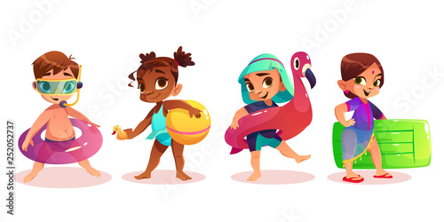 Caucasian, african-american, arabic and indian child in swimsuit with inflatable swimming ring or mattress cartoon vector characters set isolated white background. Preschooler kids on summer leisure