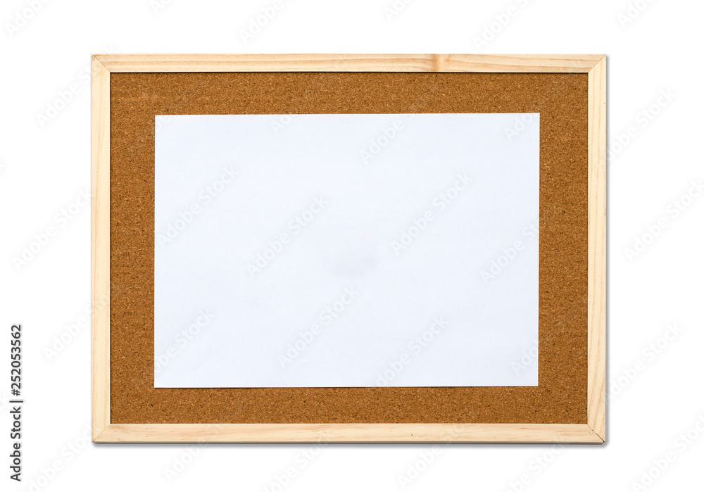 Fototapeta premium Brown cork board in wooden frame isolated with white paper attached