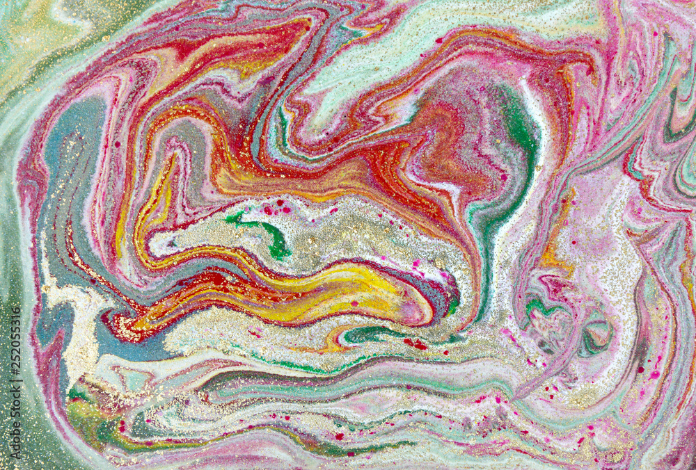 Pink and gold marbling pattern. Golden marble liquid texture.