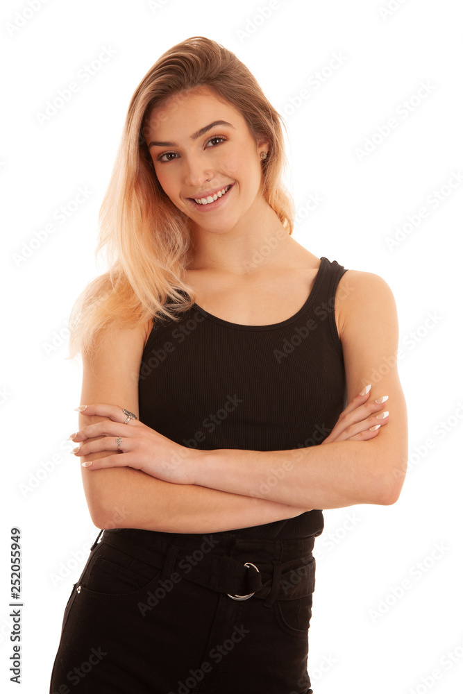 Stylish young woman in black stand isolated over white background and smile Stylish young woman in black stand isolated over white background and smile