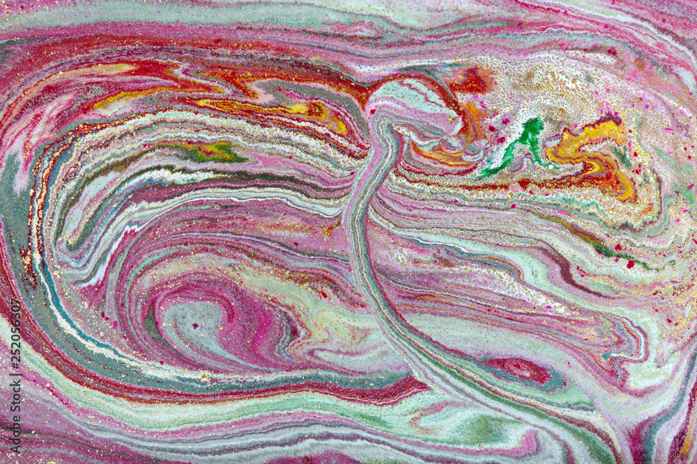 Pink and gold marbling pattern. Golden marble liquid texture.