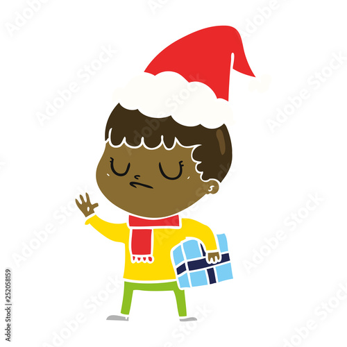 flat color illustration of a grumpy boy wearing santa hat