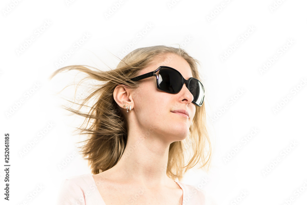 face of a pretty girl blonde in sunglasses close-up on a white background face of a pretty girl blonde in sunglasses close-up on a white background