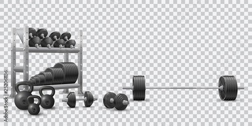 Beautiful realistic fitness vector of an olympic barbell, black loadable dumbbels, a set of kettlebells and a storage shelf full of black weight barbell plates on transparent background.