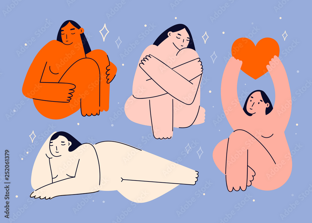 Beautiful plus size women in various poses. Body positive concept. Attractive overweight girls. For Fat acceptance movement. Hand drawn vector illustration in trendy style. All elements are isolated - obrazy, fototapety, plakaty 