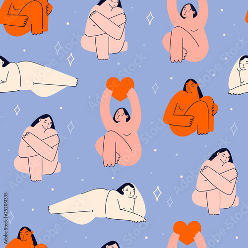 Beautiful plus size women in various poses. Body positive concept. Attractive overweight girls. For Fat acceptance movement. Hand drawn vector seamless pattern. Blue background