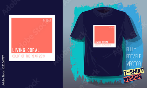 Colored living coral T-shirts template Set isolated, hand drawn brushes strokes background. Art design blank mockup advertising vector template. Abstract concept graphic printing element.