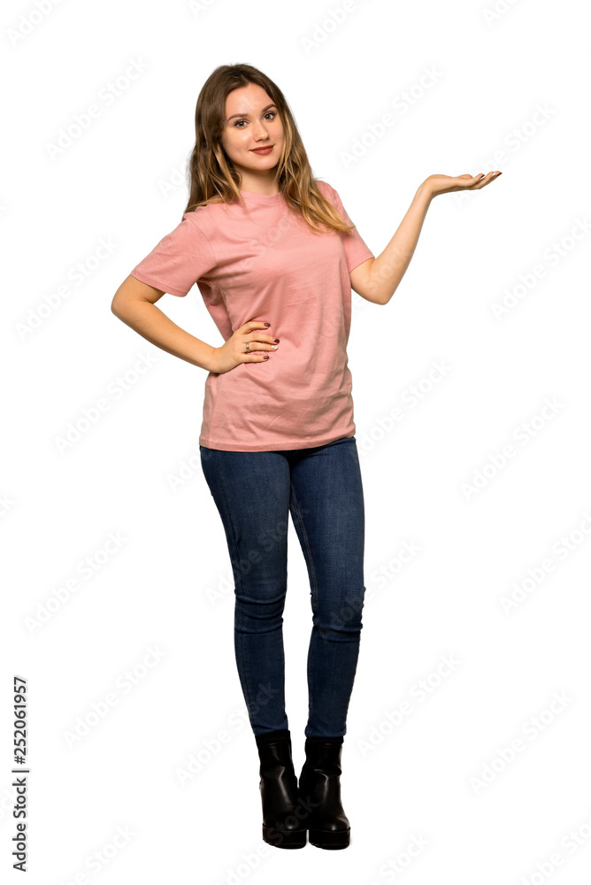 A full-length shot of a Teenager girl with pink sweater is suffering with cough and feeling bad on isolated white background A full-length shot of a Teenager girl with pink sweater is suffering with cough and feeling bad on isolated white background