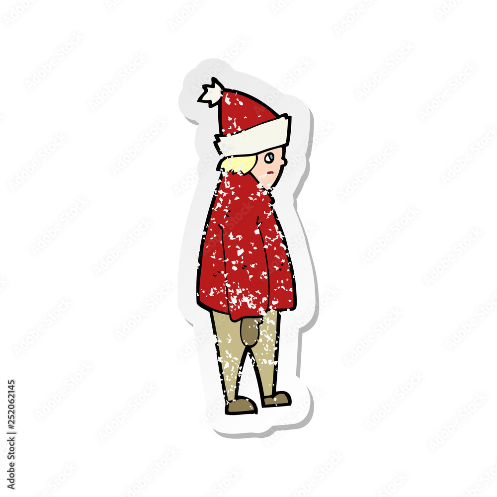 retro distressed sticker of a cartoon person in winter clothes retro distressed sticker of a cartoon person in winter clothes