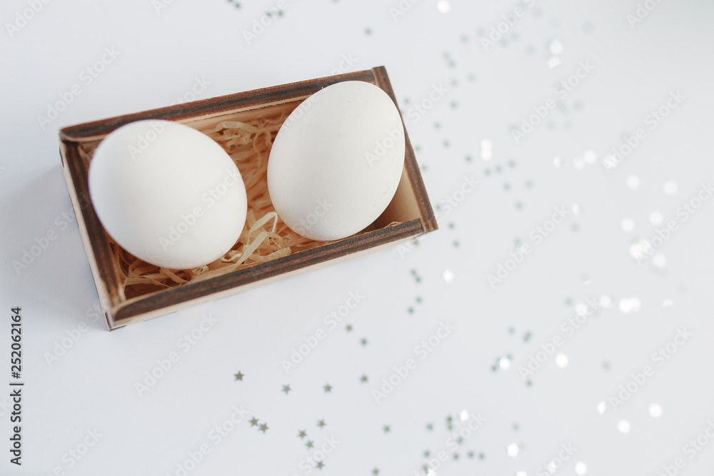 Fototapeta premium Easter. Easter eggs. Bokeh. Silver. Bowl with eggs