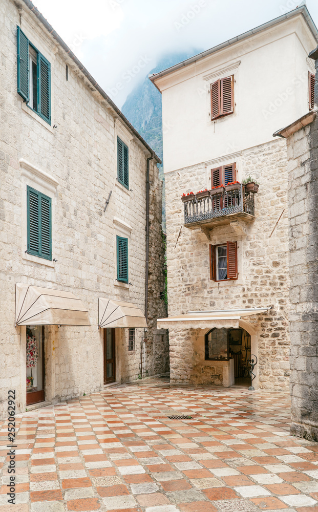 Old european city street view with colorful buildings In Montenegro Budva