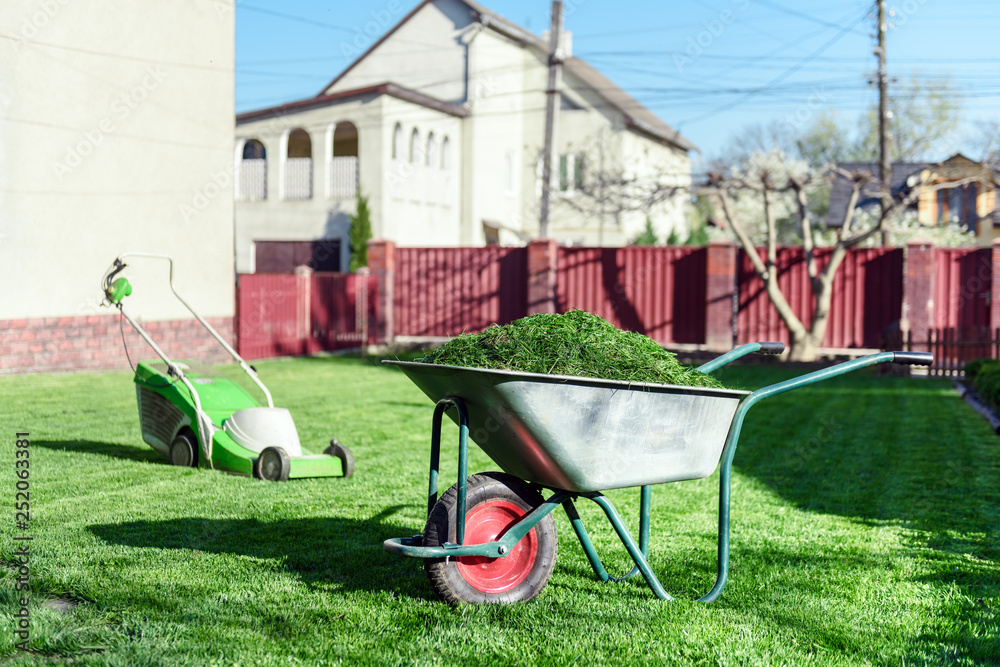 Electric lawn mower on green grass closeup Electric lawn mower on green grass closeup