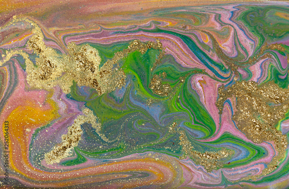 Red, green and gold marbling pattern. Golden marble liquid texture.
