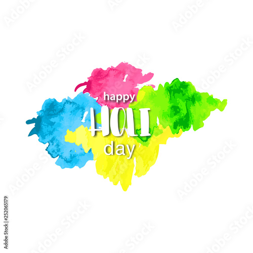 Happy HOLI Day lettering watercolor banner with hand drawn textured splashes. Hindu, Dhulandi, Rangpanchami festival card. Painted blust, powder explosion, fluid.