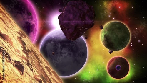 Rotating planets in the distant cosmos. Space art collection. Loop.