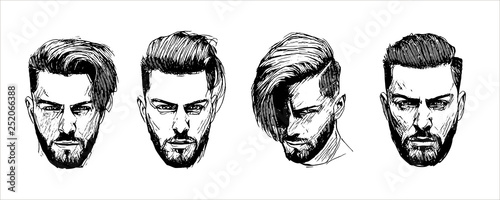 Vector hand drawn man hairstyle silhouettes illustration on white background